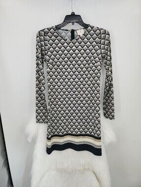JB by Julie Brown Black and Cream Long Sleeve Geometric Dress, Medium NWT